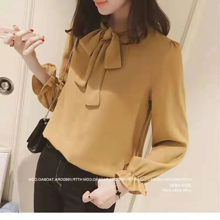 Semi-Formal Solid Color Women's Long-Sleeve Chiffon Blouse