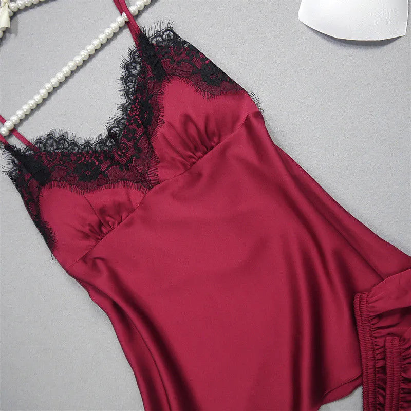 Satin Silk Lace Sleepwear Soft Lingerie Nightdress and Short Pajama Set