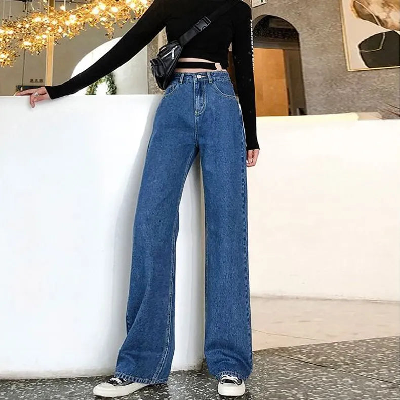 Casual High Waist Wide Leg Denim Jeans