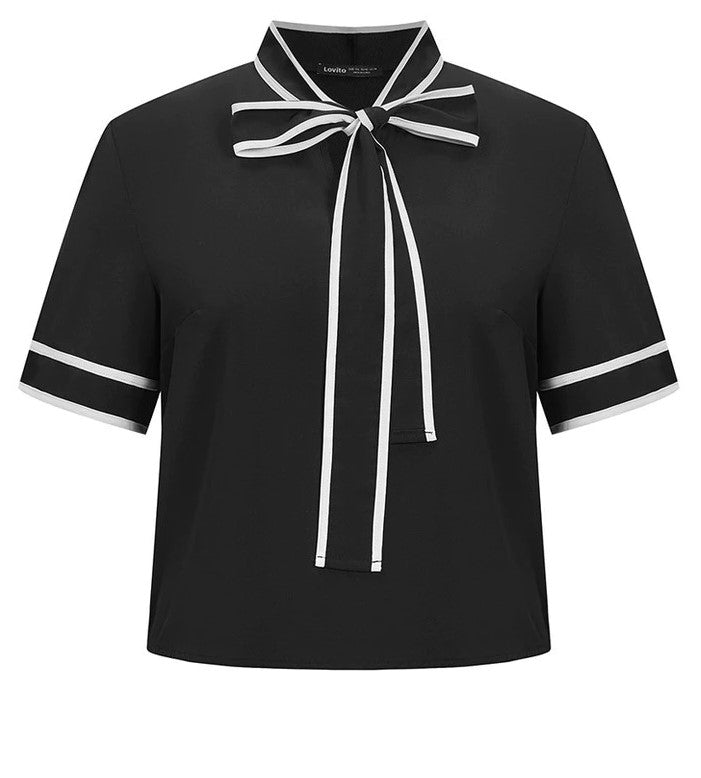Plus Size Curve Elegant Plain Tie Neck Contrast Binding Blouse