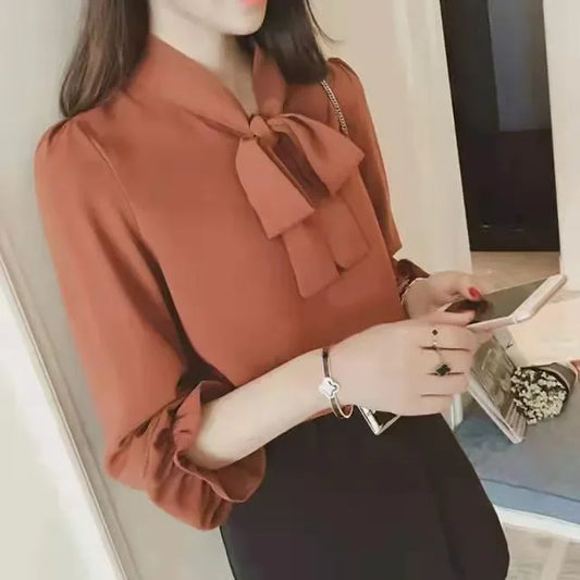 Semi-Formal Solid Color Women's Long-Sleeve Chiffon Blouse