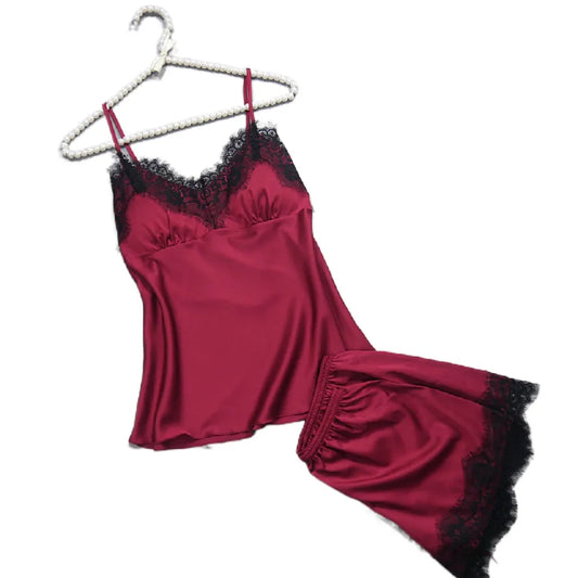 Satin Silk Lace Sleepwear Soft Lingerie Nightdress and Short Pajama Set