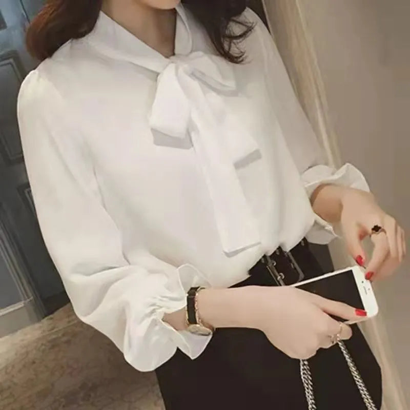 Semi-Formal Solid Color Women's Long-Sleeve Chiffon Blouse