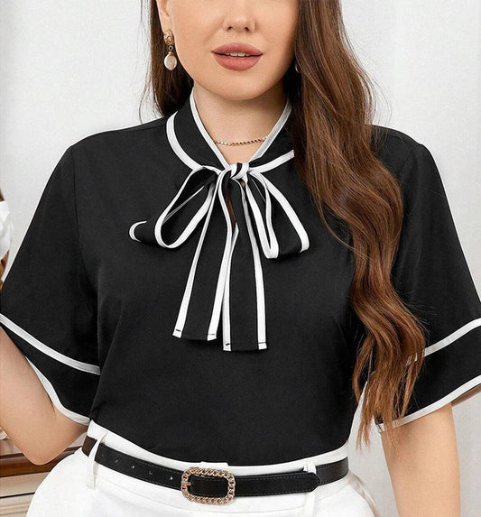 Plus Size Curve Elegant Plain Tie Neck Contrast Binding Blouse